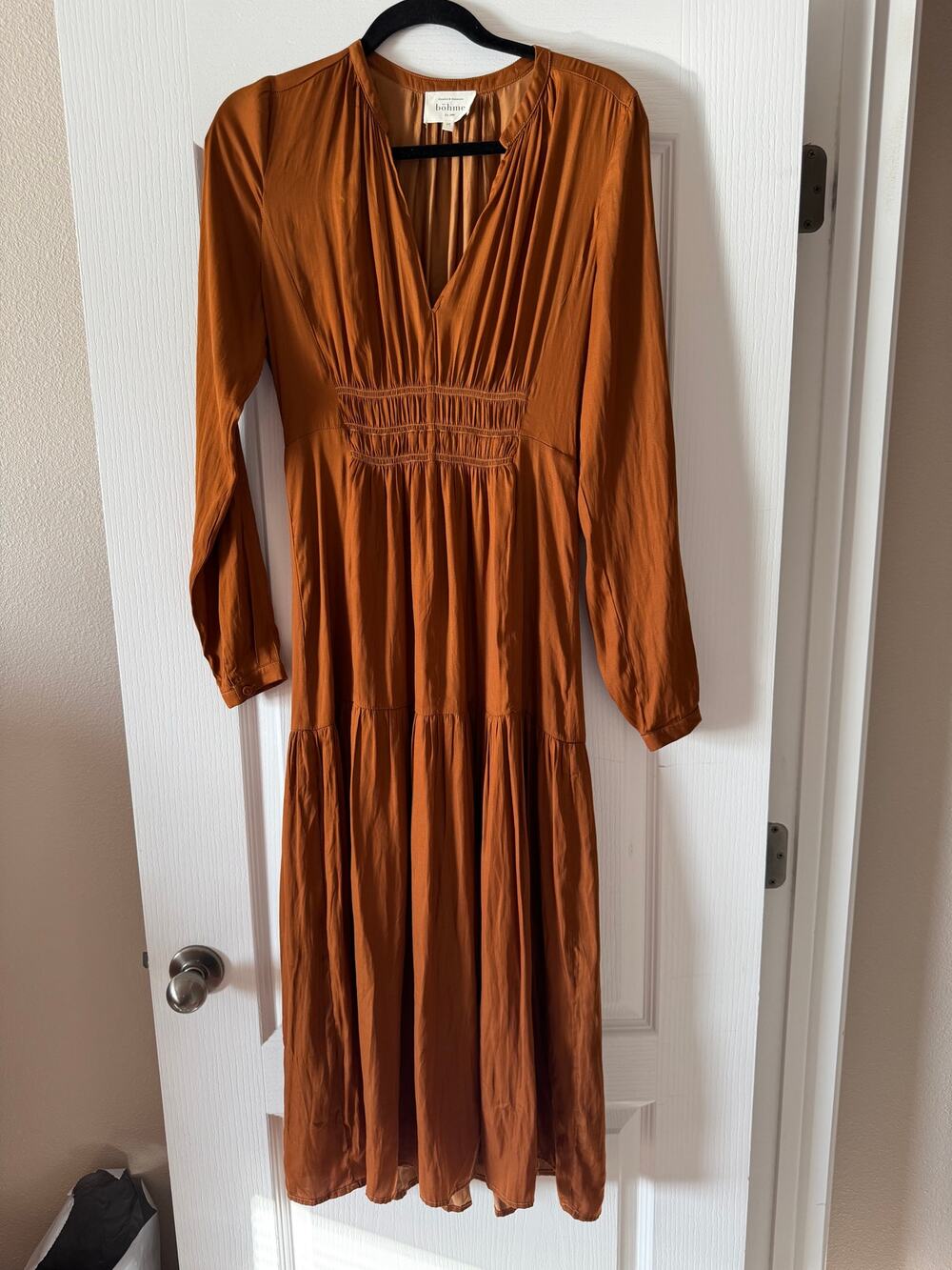 Böhme Copper Rust Long Sleeve Dress with Tiered and Lined Skirt Medium
